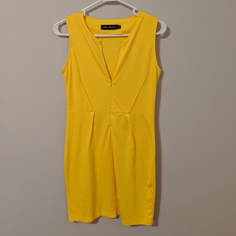 Oxiuli Fashion Yellow Sleeveless Zipper V-Neck Bodycon Dress, L